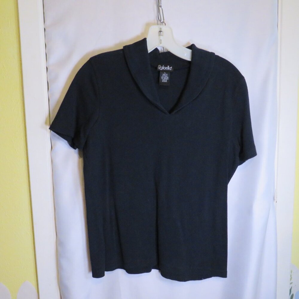 Rafaella Black Knit Short Sleeve 95% cotton Polo Top w Shawl collar V-neck shirt